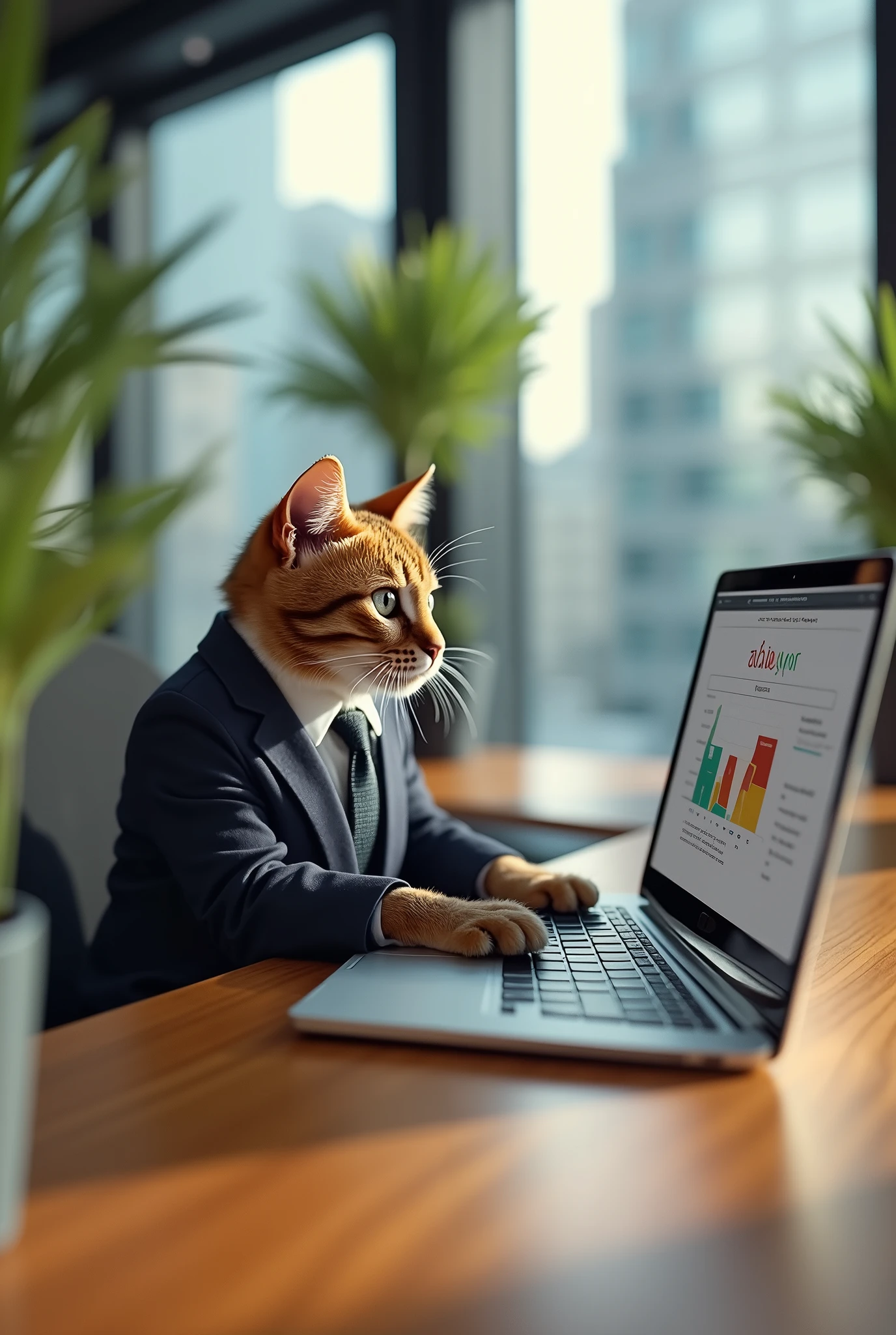 A cute cat wearing office attire, working on a laptop in a modern office setting, high resolution, detailed background, soft lighting"