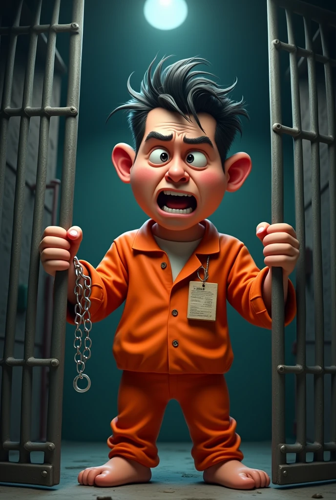 Create a 3D-style election flyer featuring an animated, fictional character representing a disgraced politician who is a known thief and has been imprisoned. The character should be a stylized, non-realistic figure dressed in an orange prison jumpsuit, with a disheveled appearance and an angry or desperate expression. The character should be depicted behind bars, gripping the metal bars of the prison cell, emphasizing their confinement. The design should make a clear reference to a "Ficha Suja" (dirty record) politician, with elements like handcuffs, a prison number tag, or a criminal record file subtly incorporated into the scene. The background should be dark and grim, with the cold, harsh environment of a prison, reinforcing the sense of punishment and downfall. The overall style should be modern, impactful, and visually striking.
Size: 1024x1792 (vertical format)