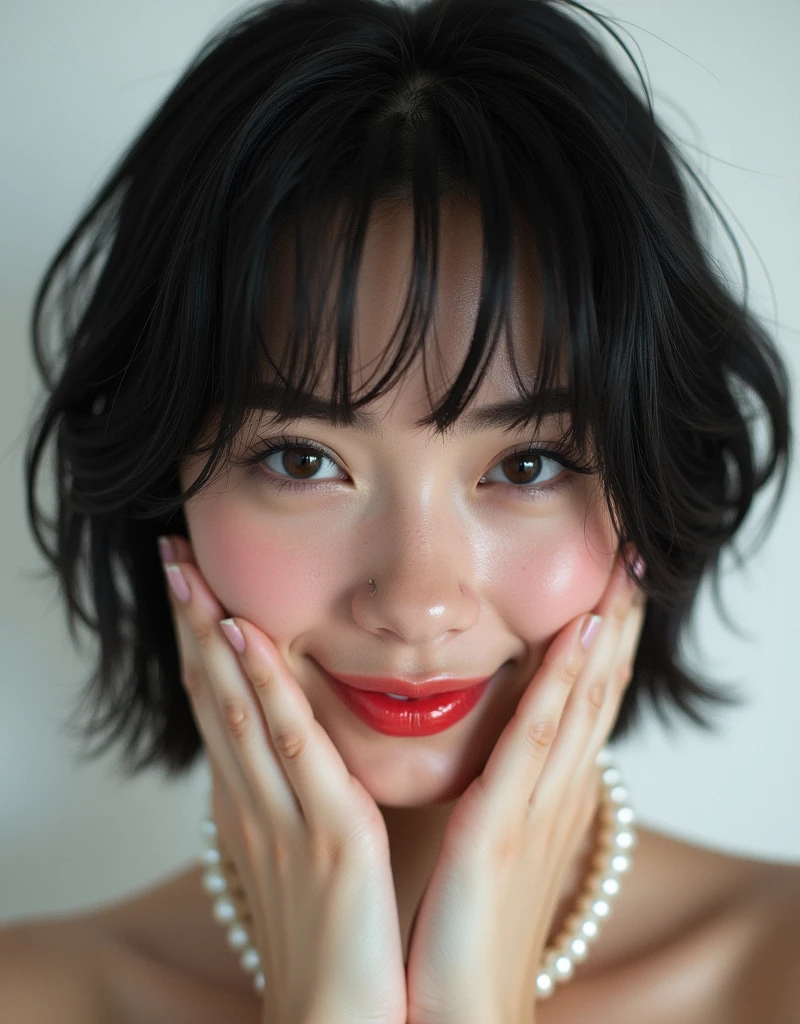 RAW photo, best quality, masterpiece, photorealistic, Polish girl, 20 years old, black hair, short bob cut, hair in 7 thirds, hair over one ear, Symmetrical eyes, solo, Detailed Skin, Detailed face, Big Breasts, rip gloss, blush, Eyes closed, sideways peace sign, smiling, inside a beauty salon, wet hair, close-up of face