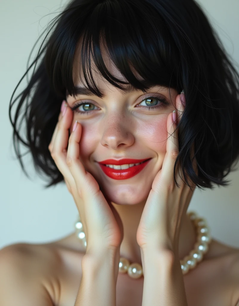(RAW photo, best quality, masterpiece: 1.2), (photorealistic: 1.4), (Polish girl, 20 years old, black hair, close eyes, short bob cut, hair in 7 thirds, hair over one ear, solo, Detailed Skin, rip gloss, blush:1.1), Bright red lips, slightly upturned face, large pearl necklace, wet hair, white background, close-up of face, nude, cinematic lighting, grin, covering face with hands