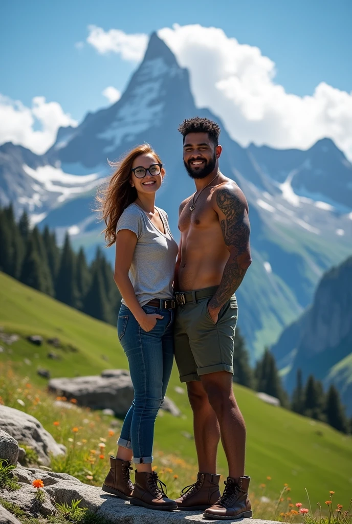 A woman with glasses and long hair, a dark-skinned man with a tattooed forearm, exploring the Swiss Alps