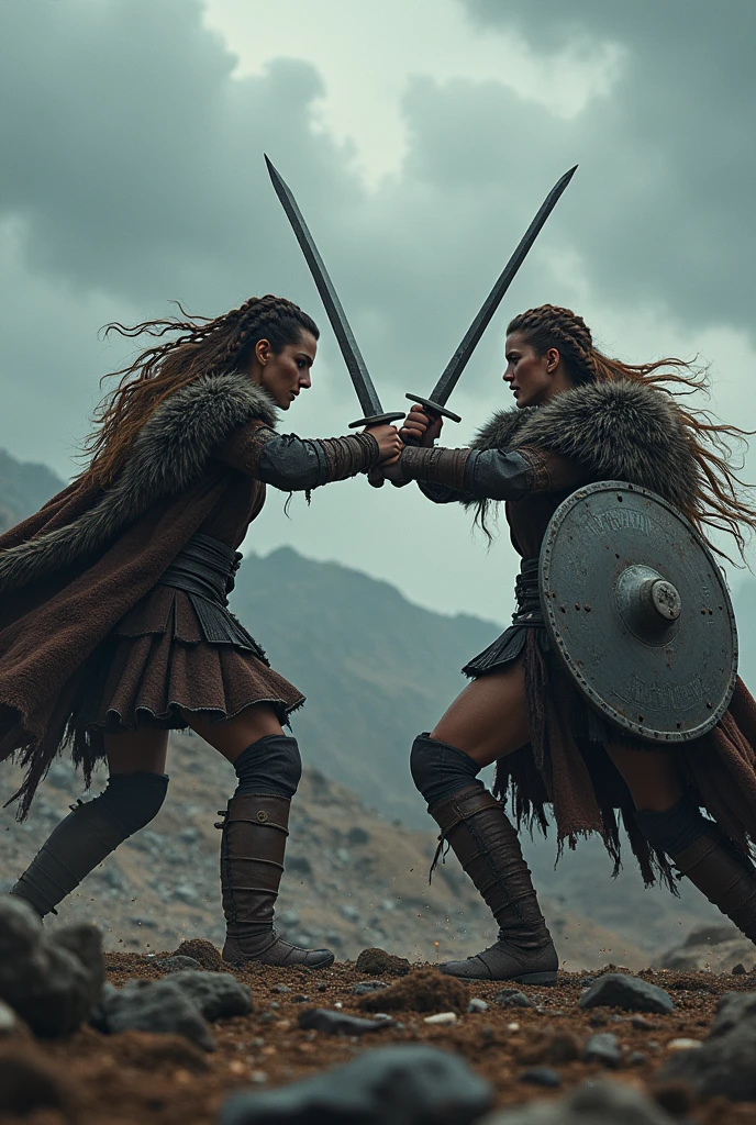 Create a Viking fighting another and her rap is worn out by the battle