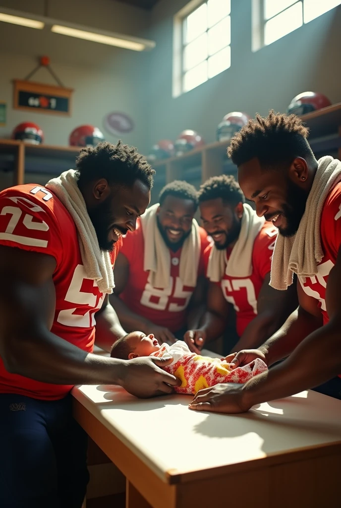 Five strong black football players in the locker room changing the diaper of a crying white baby