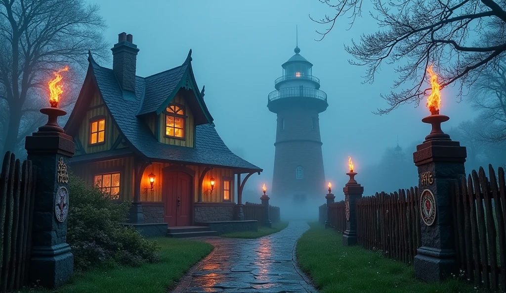 (Through the mist, fleeting glimpses of a fairy tale cottage emerge, captured in whimsical digital paintings of: (Enigmatic runes glow on ancient, weathered stone pillars., Mystic, flickering torches lighting the way, A towering, spectral lighthouse guides lost souls to shore., Fray Bentos Industrial Landscape, wind rain)). Whimsical, enchanting, colorful, digital, Hayao Miyazaki, Tim Burton, Satoshi Kon