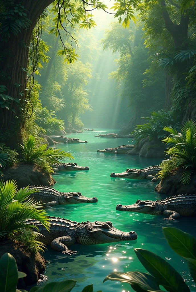 Create crocodiles in a jungle with lots of water