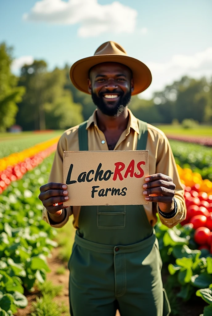 A black man standing in a vegetable farm haolding postcard with LachoRAS farms boldly written on it 