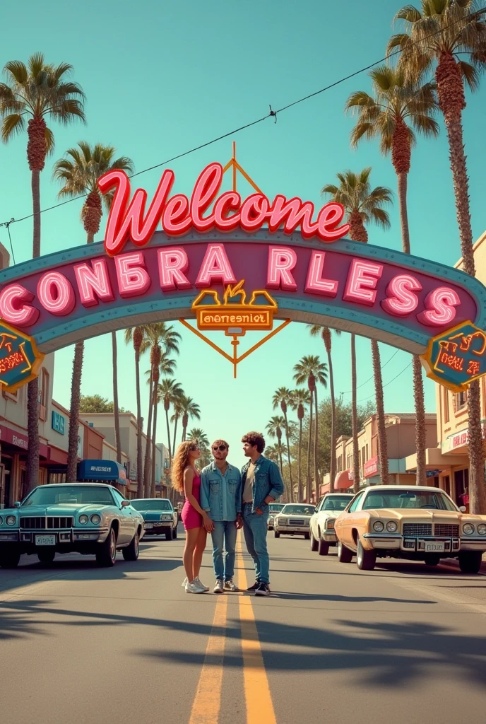 Welcome sign to the town set in the 80s