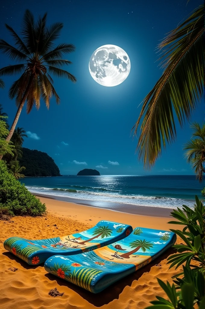 paintings rafts on the sand pajucara beach northeast of Brazil full moon night