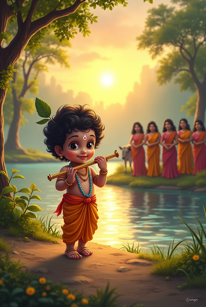 Little Sri Krishna,flute in hand, yamuna river bank background,cows,gopikas behind,namam in forehead