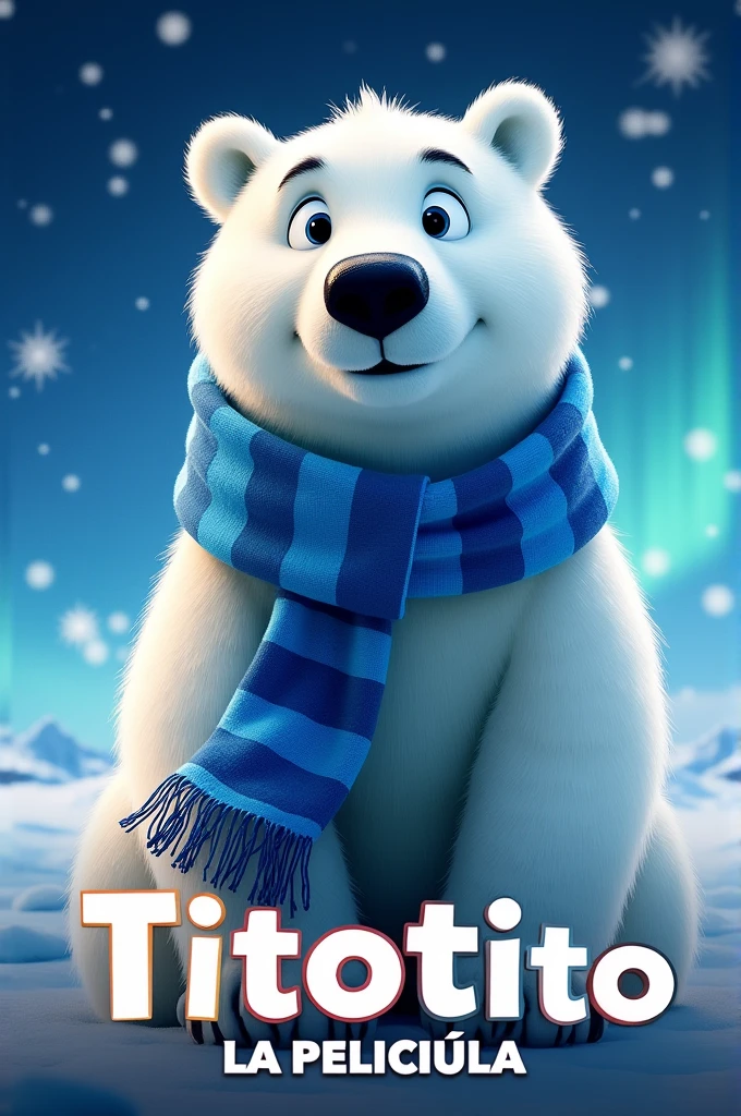 Make a poster of a fictional movie with a polar bear with a blue striped scarf and that says titotito la pelicula