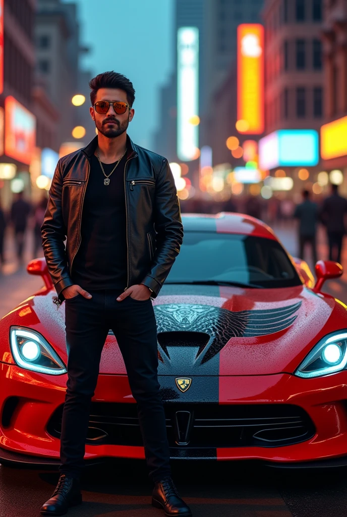 a man standing next to a red sports car, an album cover, inspired by Armando Rubio,Artstation contest winner, cobra, with an eagle emblem, RUBIO, madison beer, naver fanpop, hyperreal - h 6 4 0, agent rubio, 000, rooster!!!!, official photos