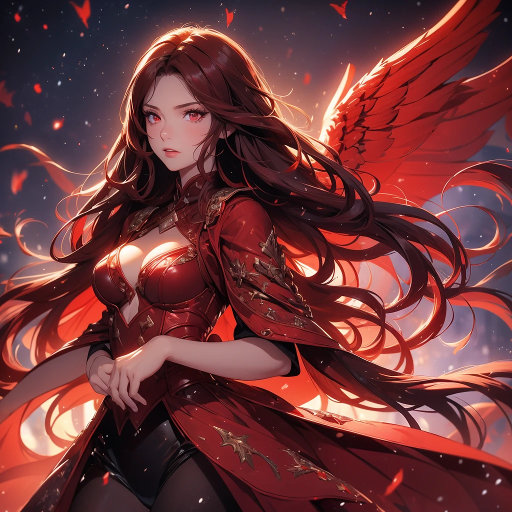 A 19 year old woman, long dark red hair, red eye color, confident and snobbish expression, elegant look, with cold clothes, giving a feeling of domination, in a fighting pose, with a scarlet red fire aura, with wings of fire Background inside the arena of a Colosseum snowing anime with vivid and detailed shading and colors with details