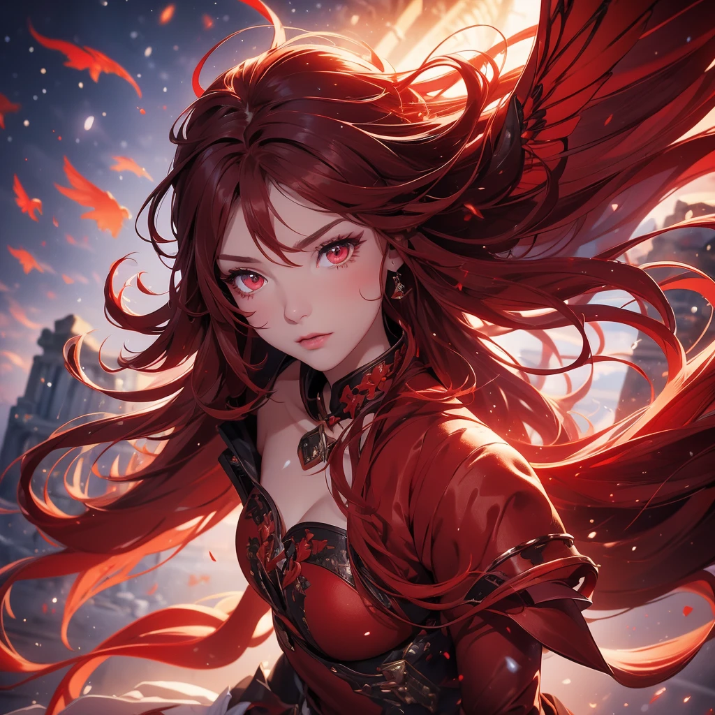 A 19 year old woman, long dark red hair, red eye color, confident and snobbish expression, elegant look, with cold clothes, giving a feeling of domination, in a fighting pose, with a scarlet red fire aura, with wings of fire Background inside the arena of a Colosseum snowing anime with vivid and detailed shading and colors with details