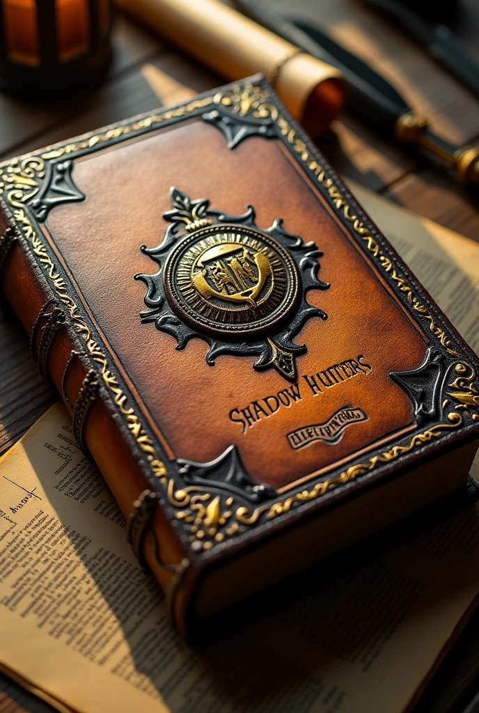 Make a light brown medieval style book , with a medieval gold badge , that the book is called shadow hunters , made by Mark Bravo 