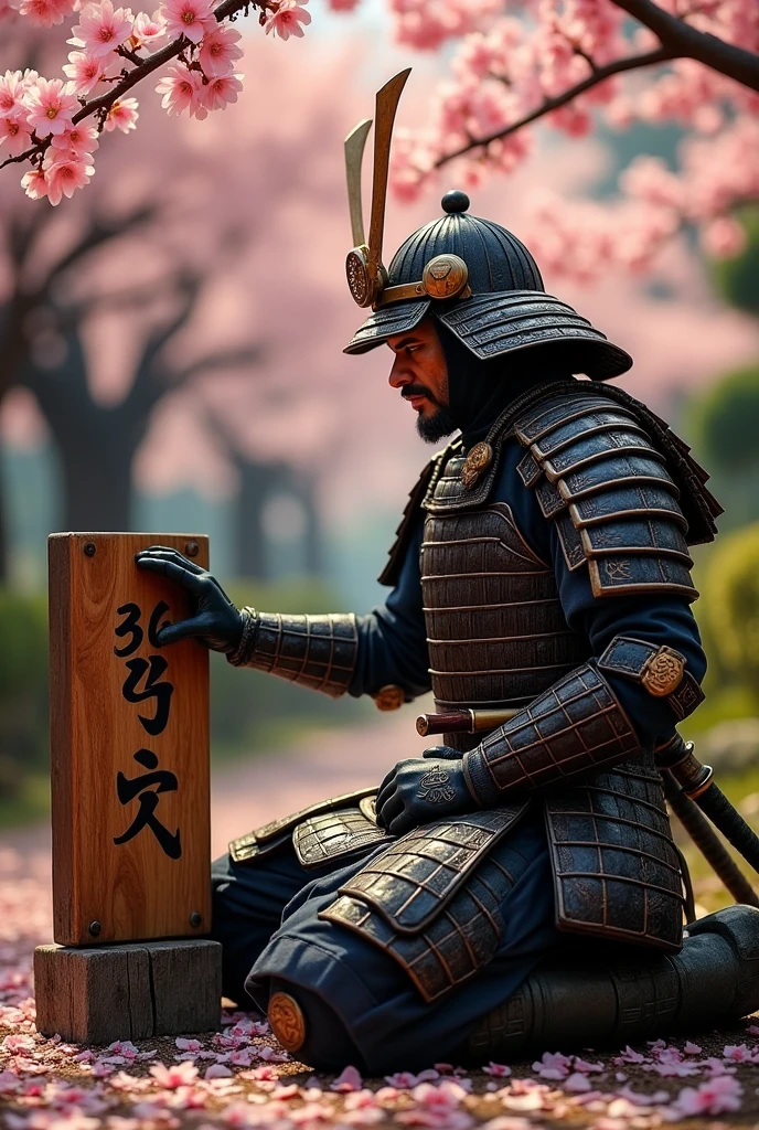 uma placa escrito : 36 Photos, a realistic samurai warrior sitting next to