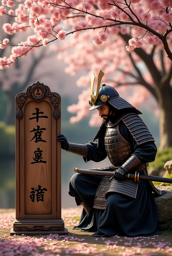 uma placa escrito : 36 Photos, a realistic samurai warrior sitting next to