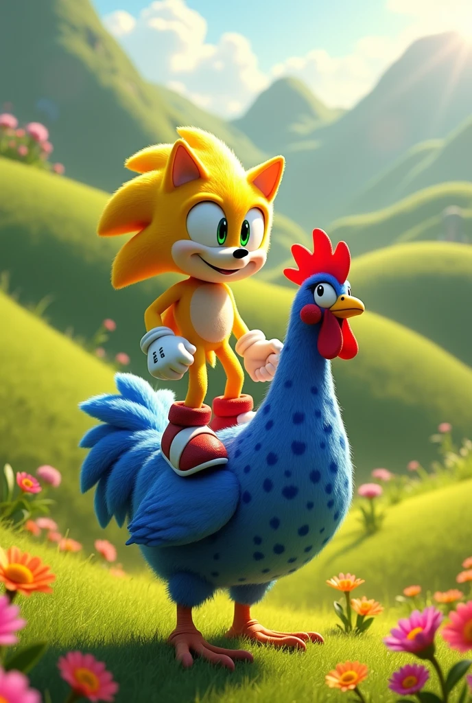 Yellow Sonic on top of the blue spotted chicken