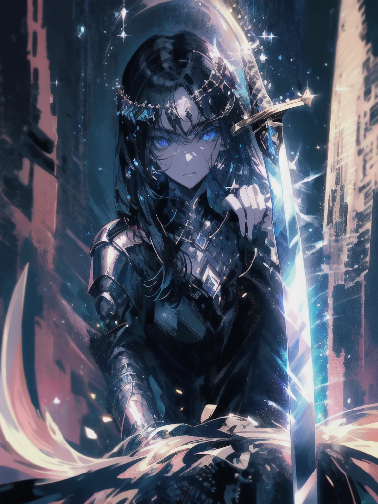 Holding a one-handed sword、Please take the black sword.、((masterpiece, highest quality, Super detailed, High resolution)), alone, beautiful girl, shining eyes, perfect eyes, 15 years old, black white gold theme,