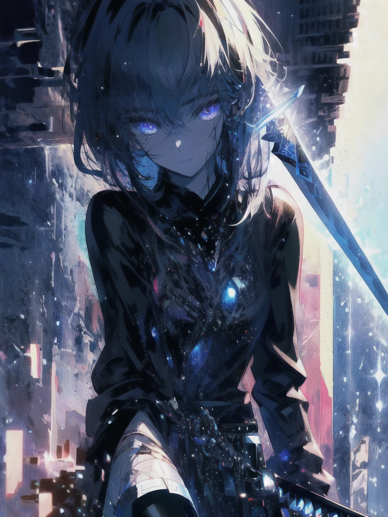 Holding a one-handed sword、Please take the black sword.、((masterpiece, highest quality, Super detailed, High resolution)), alone, beautiful girl, shining eyes, perfect eyes, , black white gold theme,