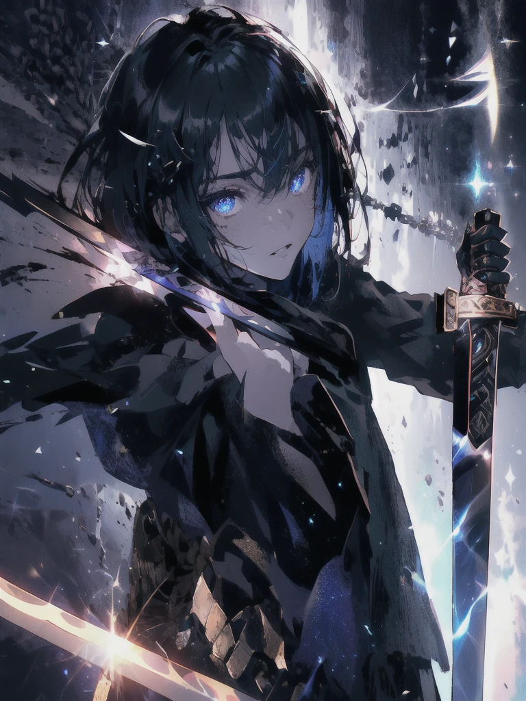 Holding a one-handed sword、Please take the black sword.、((masterpiece, highest quality, Super detailed, High resolution)), alone, beautiful girl, shining eyes, perfect eyes, 15 years old, black white gold theme,