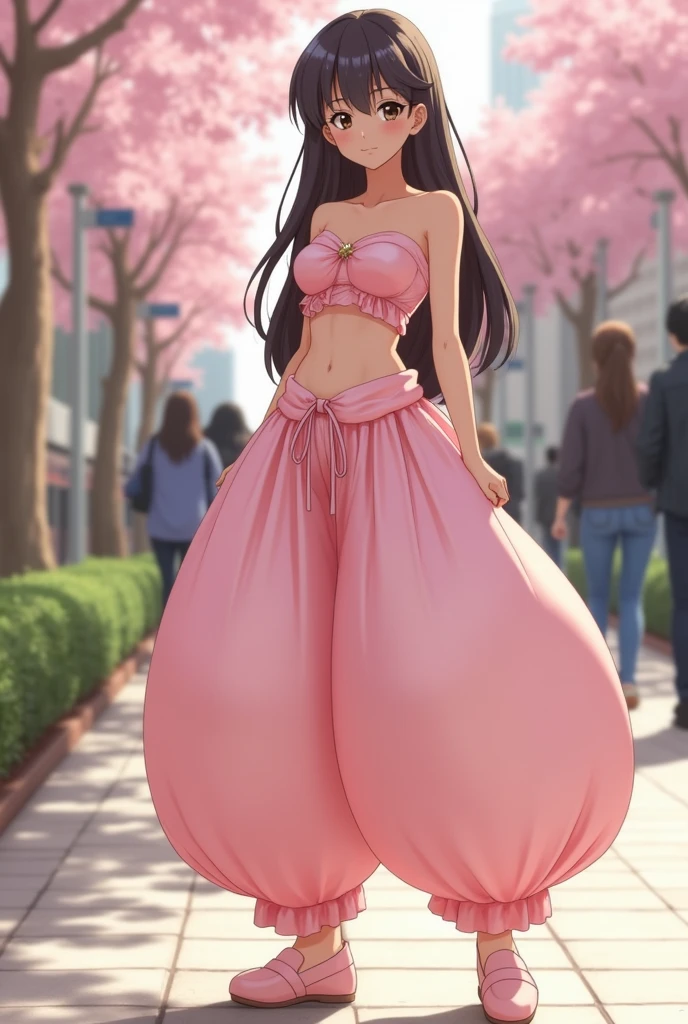 ((Photo of Pretty Japanese girl with super colossal breast)), Japanese high school girl, 1girl, solo, fullbody, brown_eyes, brown_hair, long_hair, hime_cut, blunt_bangs, gigantic cleavage breasts, J-cup_breasts, (Very_large_breasts:1.5), standing in a pathway lined with cherry blossom trees, wearing an Arabian princess outfit consisting of humongous inflatable long satin princess_Jasmine-style pants with her belly button exposed, pink flats and a simple satin strapless bra top. The pants and top are light pink and the pants are extremely puffy and completely round and completely spherical, (Best quality:1.3).
