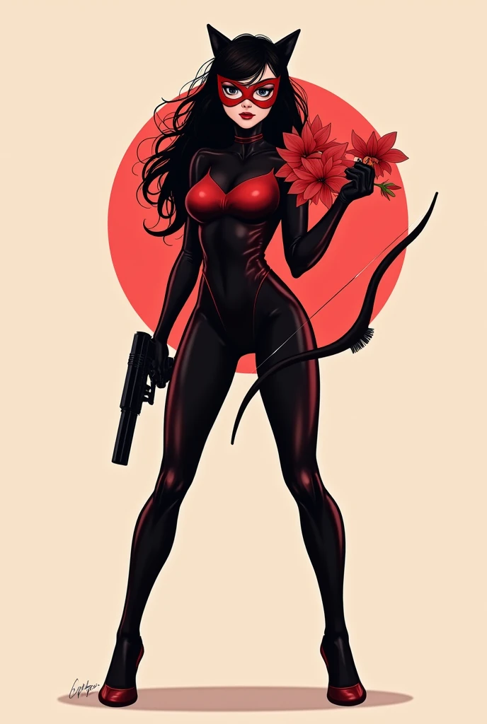 A silhouette of a girl wearing red Catwoman suit. Wavy hair. no head gear. Wearing red mascaraed mask. Holding a small gun and bow. Plain background. Semi-realism art. Holding a petunia flower