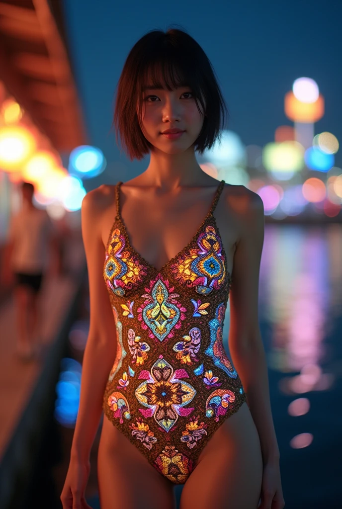 (masterpiece, Highest quality), 8k,(((Very detailed))), Race:1.8, Super intricate Race pattern, colorful Race pattern, Glowing stained glass transparent body, Mandala,light up, 1 female, Open Back, , Japanese, Fair skin, Photo of Lee Jae,, sultry body with セクシー belly, Sexy girl, Young sensual elegance, Sexy body, Sexy look, Very Short Hair、Shooting at a port with a beautiful night view、 Intelligent face、Narrow waist、Large Breasts、Smile a little、EOS 50mm F2, Blur the background、Lighting the face、whole body、See-through sexy swimsuit、Bite, Looking into the distance、Walking,