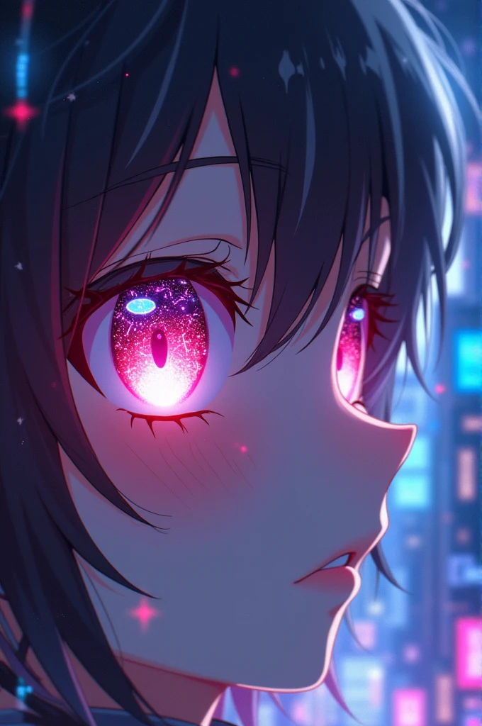 A photo that can only be seen The eyes of an anime girl with her heart-shaped irises and with cyber effects