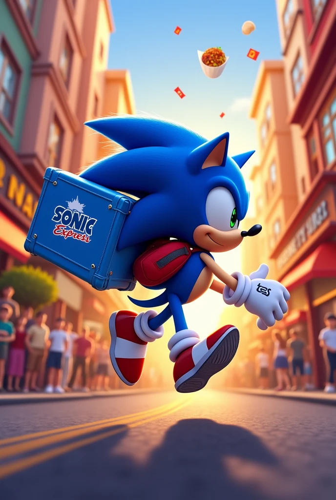 Sonic con mochila celeste que diga "Sonic Express" de delivery en moto