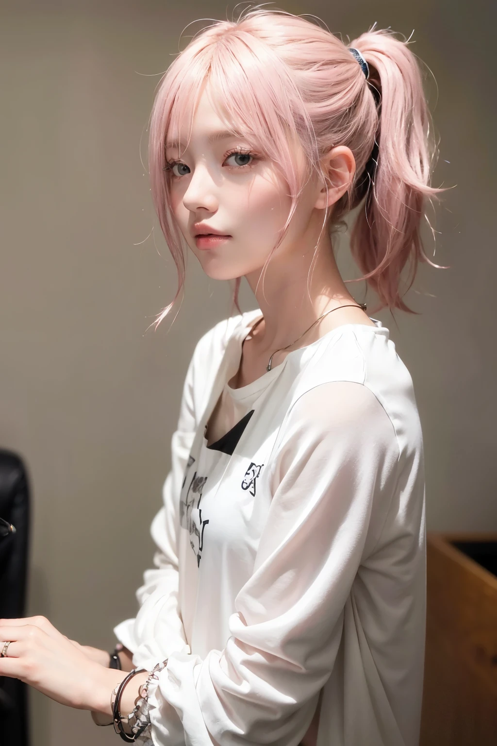 (masutepiece), (Best Quality), (Ultra-detail),(disheveled hair), (1girl in), (Fashionable clothing), Standing, Fashion Model, Looking at Viewer, (interview), (Simple background),Beautiful detailed eyes, Delicate beautiful face, floating,(High color saturation),(Colorful splashes),colorful bubble,(Shining), Focus on Face, Ponytail, kamisato ayaka, Light pink hair, bangs, hair rings,No makeup, beautiful girl, Floating hairs, (Shining), The best lighting, Best Shadow,Dimples,