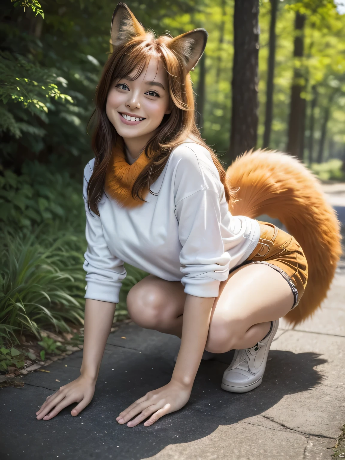 ((Highest quality, 8k)), ((masterpiece)), (Highest Resolution), Perfect Face, Fox Woman, Female college student, Beautiful woman, Outdoor, only one tail, she has thick thighs, Her large tail, Her orange fox tail, She wags her tail, Smiling with teeth showing, Fur collar, She is wearing short jeans., On all fours, Beautiful Hips , A fox tail sticks out from her jeans
