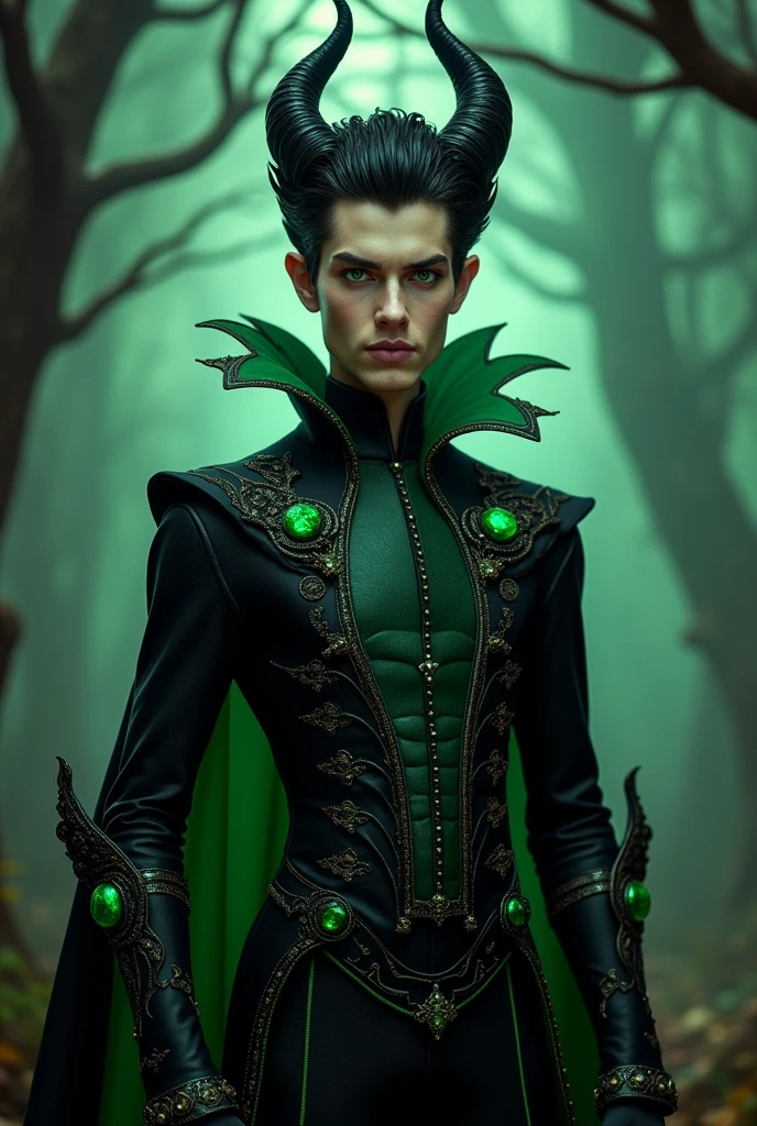 create an image of a character from ever after high green eyes black clothes with a lot of details son of maleficent character male short hair