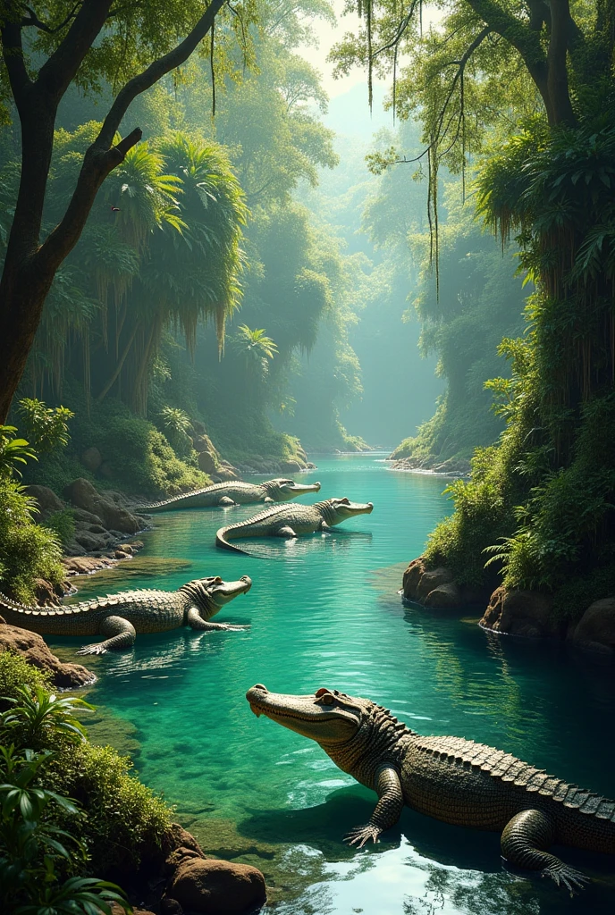 Create crocodiles in a jungle with lots of water and more water 