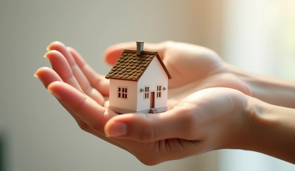 A miniature house delicately balanced on two open palms, symbolizing protection and care. The house is detailed with small windows and a sloped roof, with soft light reflecting off its pristine surface. The hands, gentle yet firm, cradle the house as if shielding it from harm, representing security and warmth. The background is a soft, neutral tone, keeping the focus entirely on the hands and the house, emphasizing the theme of guardianship and safety