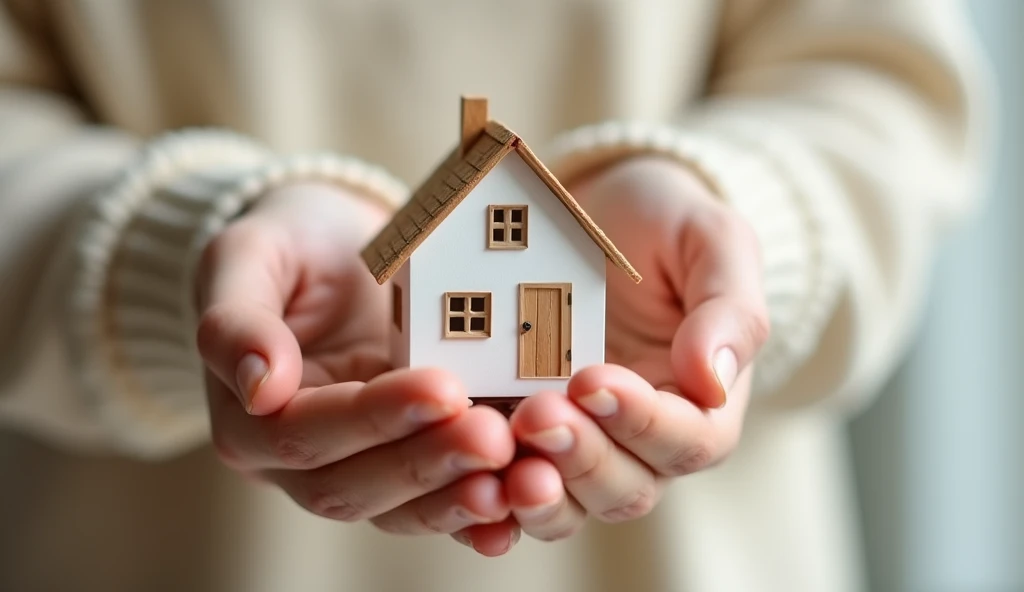 A miniature house delicately balanced on two open palms, symbolizing protection and care. The house is detailed with small windows and a sloped roof, with soft light reflecting off its pristine surface. The hands, gentle yet firm, cradle the house as if shielding it from harm, representing security and warmth. The background is a soft, neutral tone, keeping the focus entirely on the hands and the house, emphasizing the theme of guardianship and safety