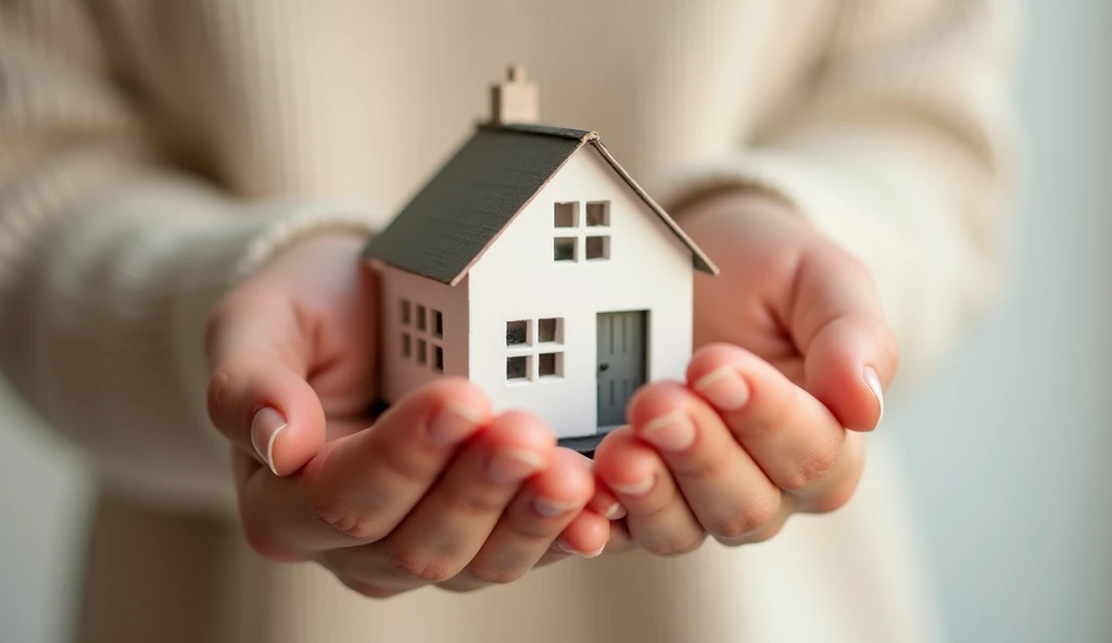A miniature house delicately balanced on two open palms, symbolizing protection and care. The house is detailed with small windows and a sloped roof, with soft light reflecting off its pristine surface. The hands, gentle yet firm, cradle the house as if shielding it from harm, representing security and warmth. The background is a soft, neutral tone, keeping the focus entirely on the hands and the house, emphasizing the theme of guardianship and safety