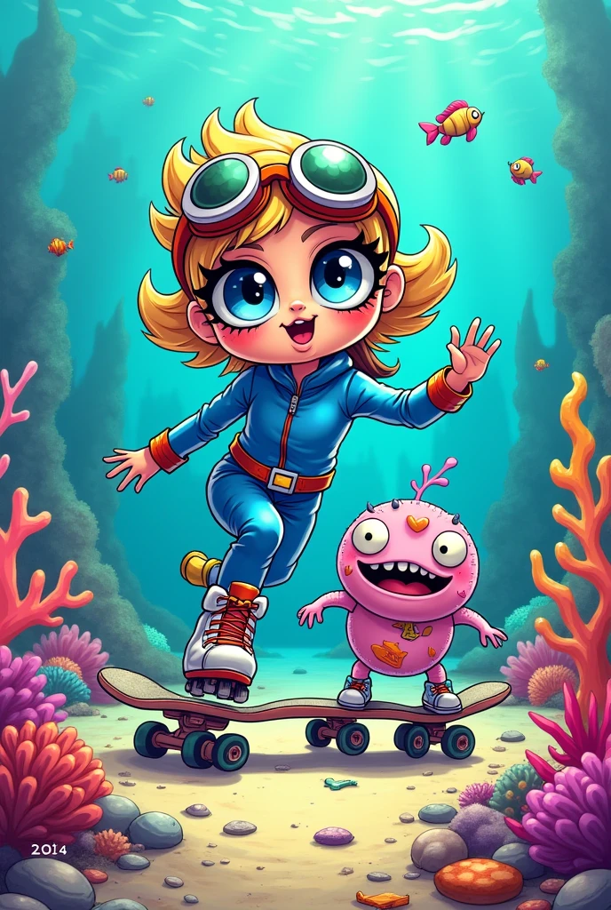 a cartoon girl in a blue suit and goggles is riding on rollers underwater, candypunk character design, cute monster skateboarding, chibi monster girl, chucky style, monster character design, garbage pail kids style, 2 d illustration, 2d illustration, in style of digital illustration, style of jet set radio, digital character illustration, colored illustration, cute monster character design