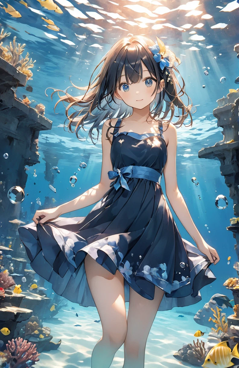 One beautiful girl、Mystical feeling、cute１７Year old girl、Underwater walking,Underwater Walking、Underwater swimming、超High resolution, High resolution, 4K, 8k,close,Sunken Ruins、Girl in the water、water、surrounded by bubbles、A world of deep blue、 work in deep blue tones