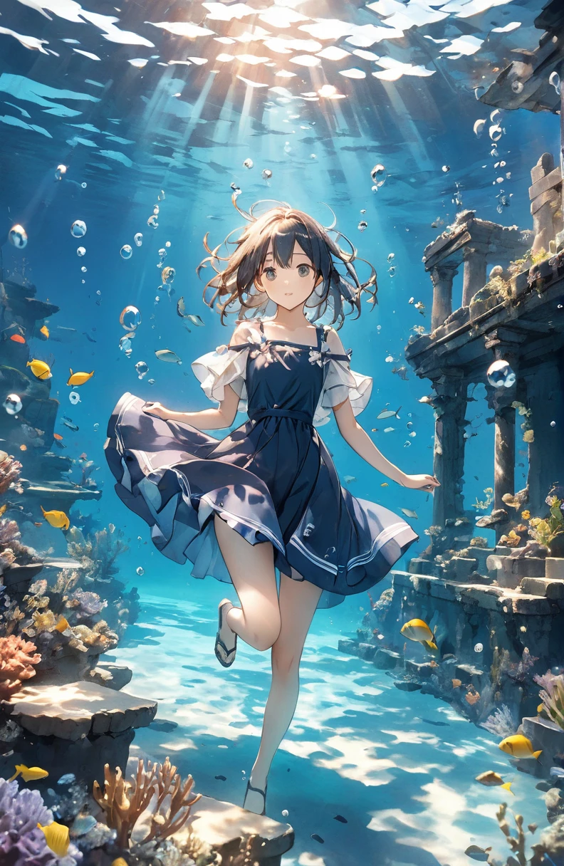 One beautiful girl、Mystical feeling、cute17Year old girl、Underwater walking,Underwater Walking、Underwater swimming、超High resolution, High resolution, 4K, 8k,close,Sunken Ruins、Girl in the water、water、surrounded by bubbles、A world of deep blue、 work in deep blue tones