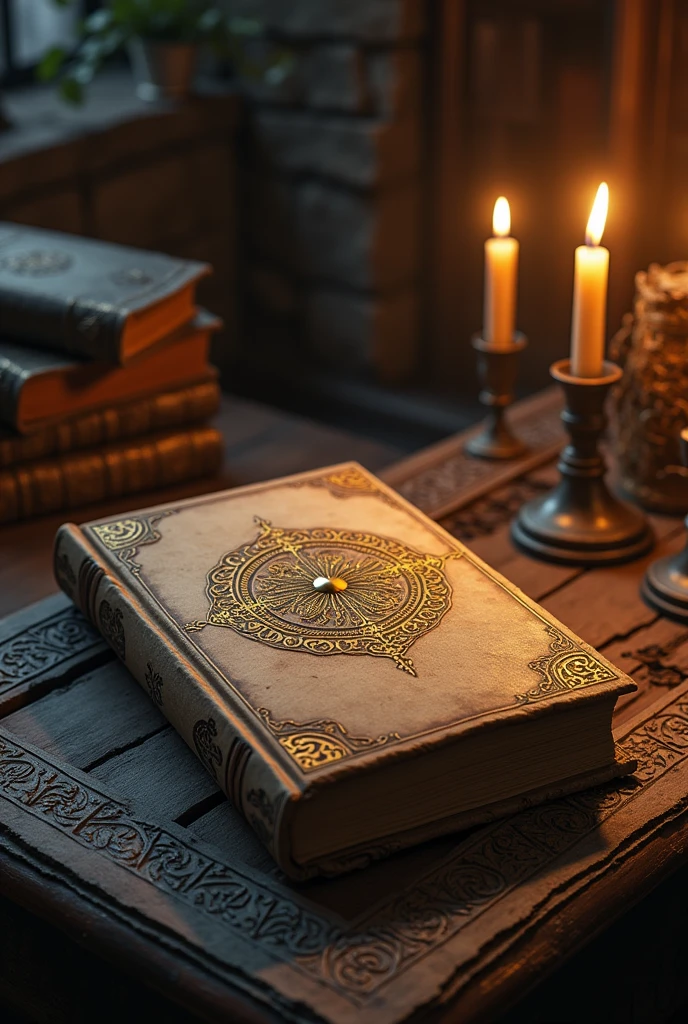 Make a light brown medieval style book , with a medieval gold badge , that the book is called shadow hunters , made by Mark Bravo
