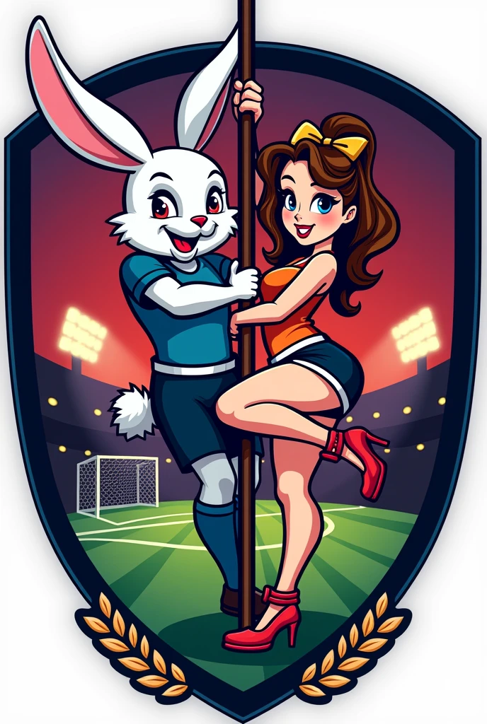 A football team crest that has the name Trigamos FC but the image is of the playboy rabbit with a girl in a pole dancing