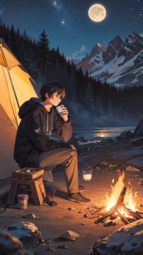 A mountainous place at dusk with the moon rising and a lit camping tent and a man in a hoodie drinking coffee next to a campfire