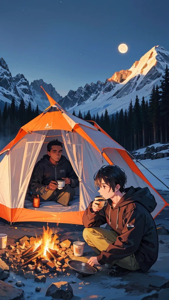 A mountainous place at dusk with the moon rising and a lit camping tent and a man in a hoodie drinking coffee next to a campfire