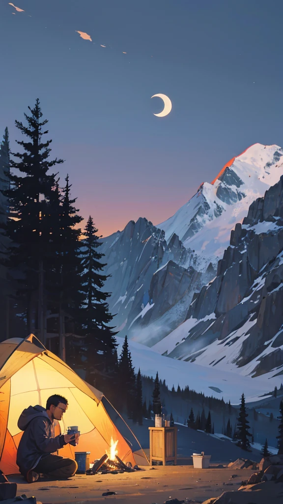 A mountainous place at dusk with the moon rising and a lit camping tent and a man in a hoodie drinking coffee next to a campfire