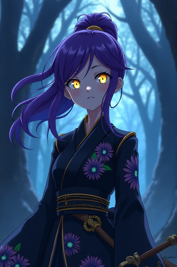 Chica de Kimetsu no yaiba, purple hair and yellow eyes, que sea de kimetsu no yaiba, a beautiful black hunting suit, a ponytail in the hair, that it is kimetsu no yaiba style