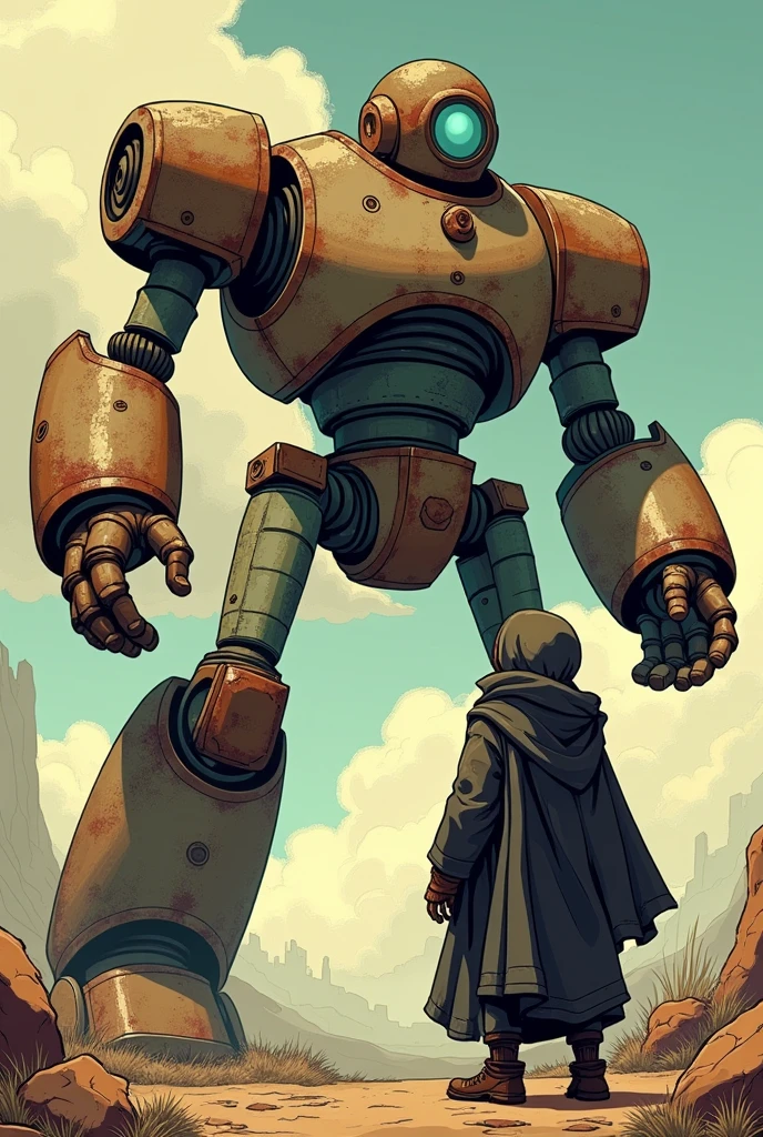 cartoon illustration of a giant robot facing a human, the robot is made of dirty steel and rusted by time, the human wears a rustic dark cloth cowl with a hood covering his head, the illustration is drawn like a 1940's cartoon, in faded and worn colors, like from an old sci-fi comic strip