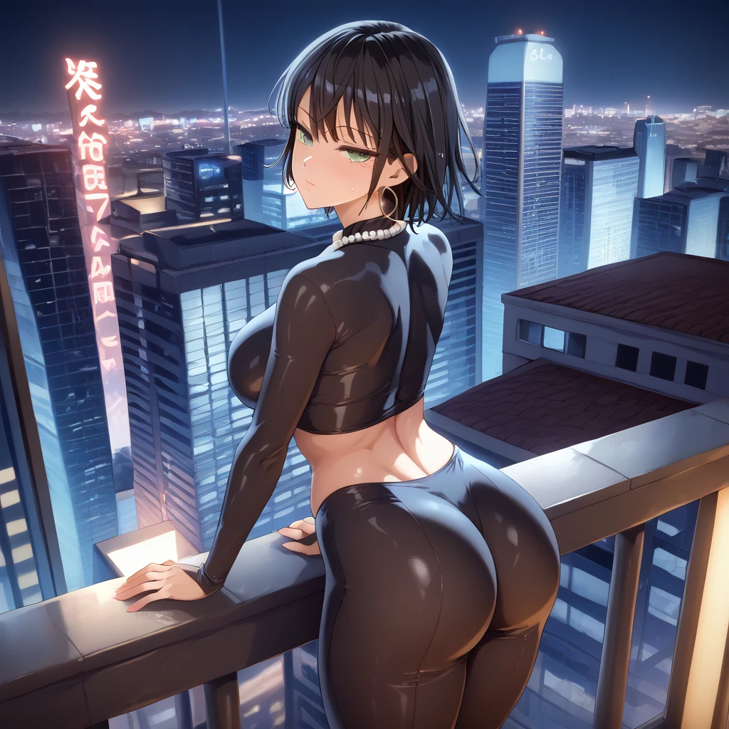 (SAFE FOR WORK), 1 female, Yusuke Murata style, Fubuki from One Punch Man, anime-style face, sexy face, leaning on balcony, back view, perfect ass, really wet body, longer face, short black hair, fully lidded eyes, green eyes, puckered lips, no lipstick, slim/toned body, extremely slim waist, arched back, perfect hour glass shape, skin shine, GGG breasts, perfect lower body, curves, black skin tight long dress, toned midriff,, large hoop earrings, pearl necklace, night, detailed city background, futuristic city, penthouse, lots of skyscrapers, Tokyo, Japanese symbols neon lights, volumetric lighting, thick thighs, more details,