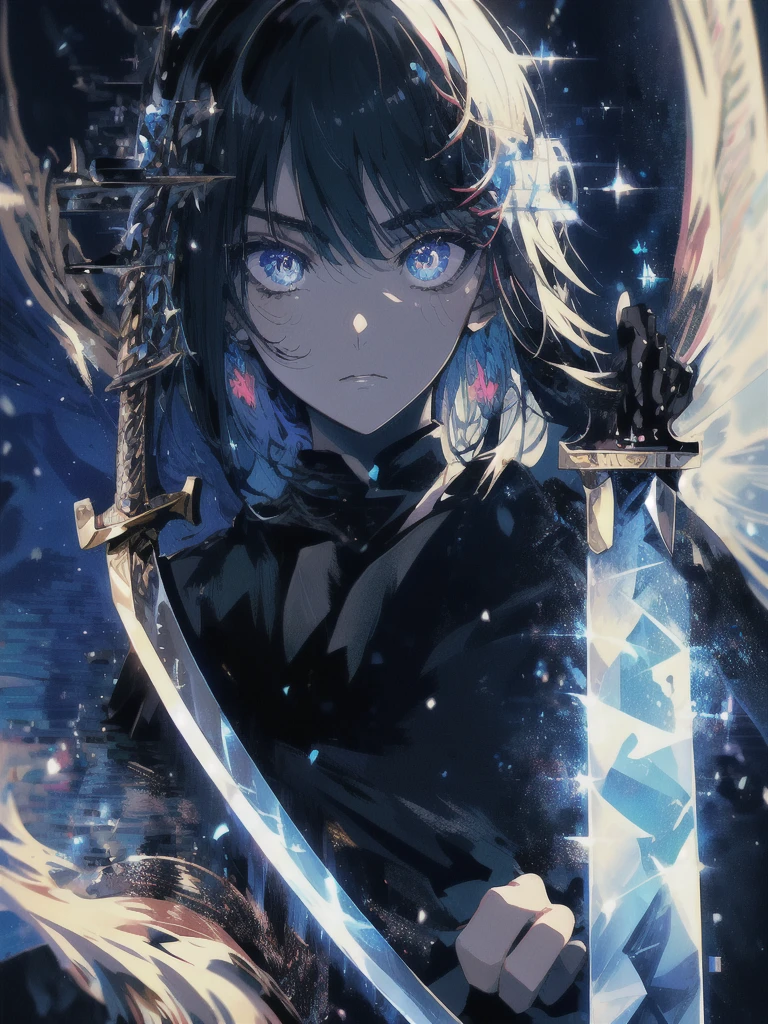 Holding a one-handed sword、Please take the black sword.、((masterpiece, highest quality, Super detailed, High resolution)), alone, beautiful girl, shining eyes, perfect eyes, 15 years old, black white gold theme,