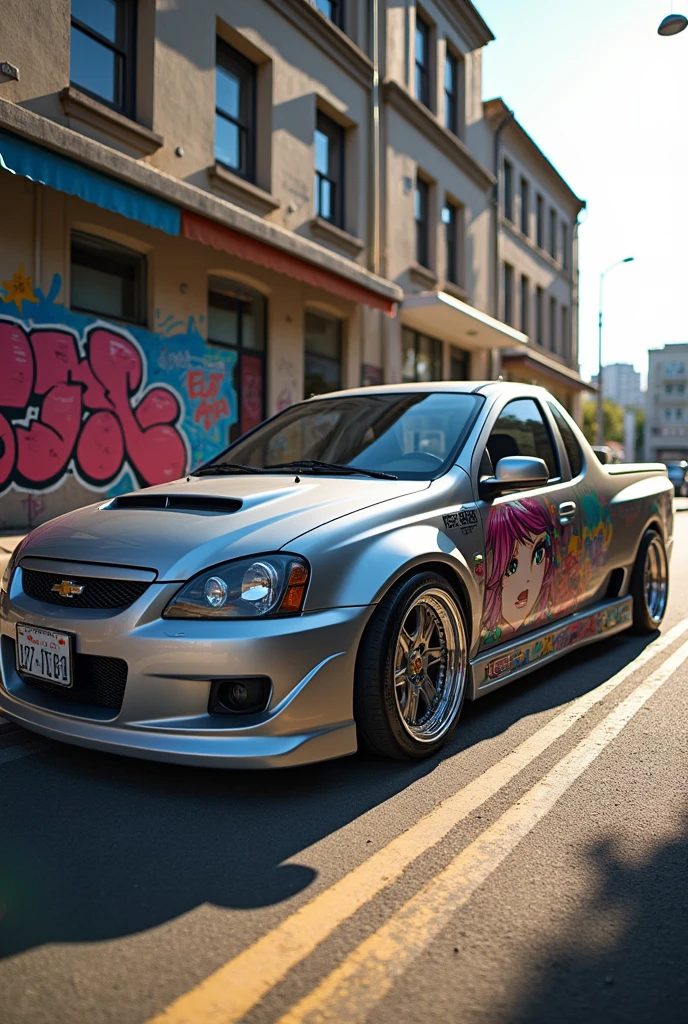 Chevrolet Corsa Pick Up Truck Year 2007 Tuning with Anime Woman Paint Sexy Cat Ears on the Door and Offset Rims and Silver Racing Body Kit