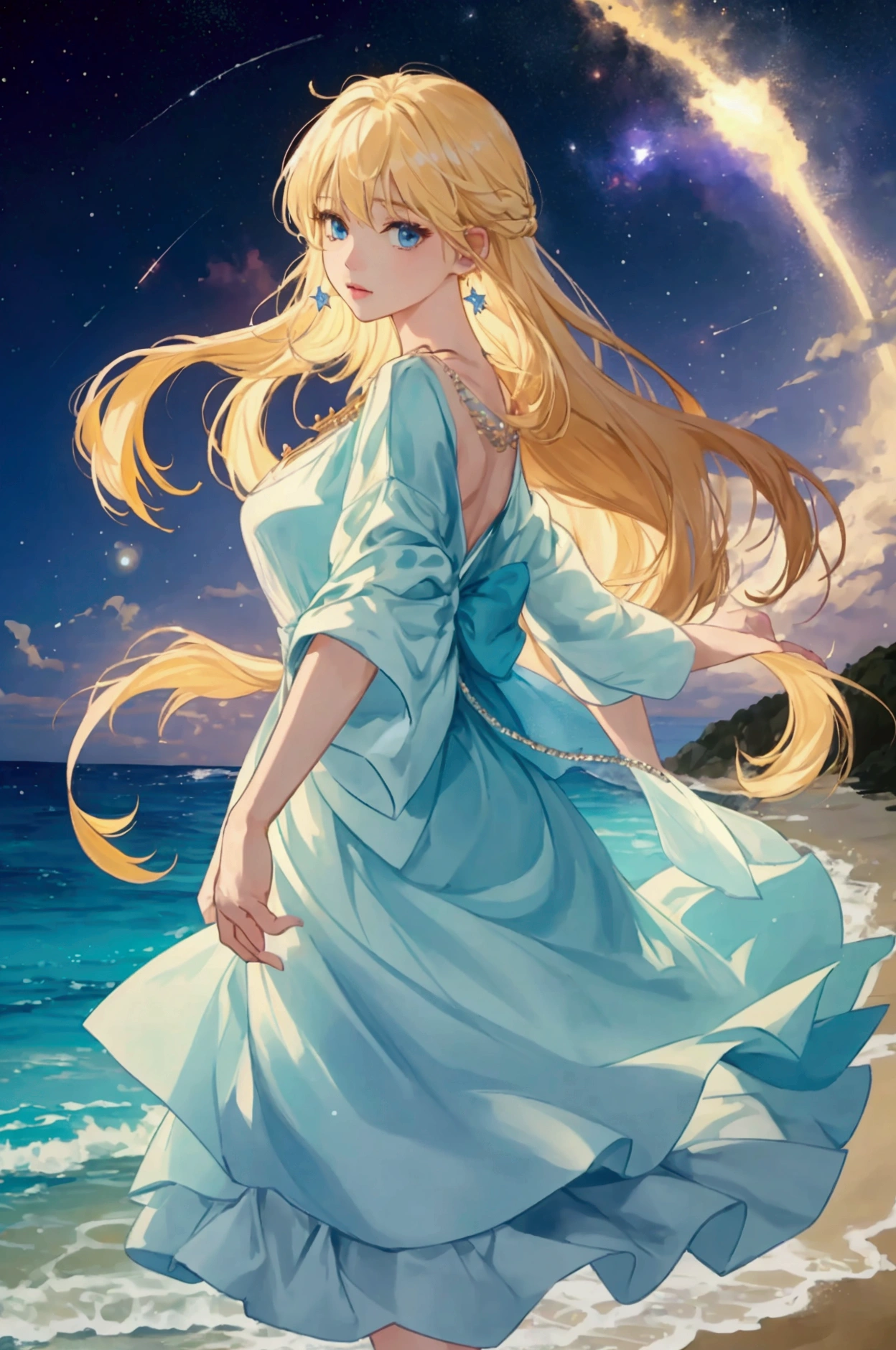 (masterpiece、Highest quality、8k、High resolution)、(The best beautiful girl)、Best Style、(The most beautiful face)、Clear skin、Clean blue eyes、Beautiful lips、Beautiful nose、Blonde Hair、Ample breasts、Walking on the sand、look back、Ocean、You can see the forest、A bright night with stars visible、Beautiful starry sky、milky way、(体whole bodyから神秘的な光の粒子、Colorful Light)、(jewelry、necklace)、dress、(whole body)、Highly detailed anime art、A complete portrayal、